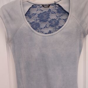 Wallflower Light Blue Scoop Neck Top with Lace Panel. Size M